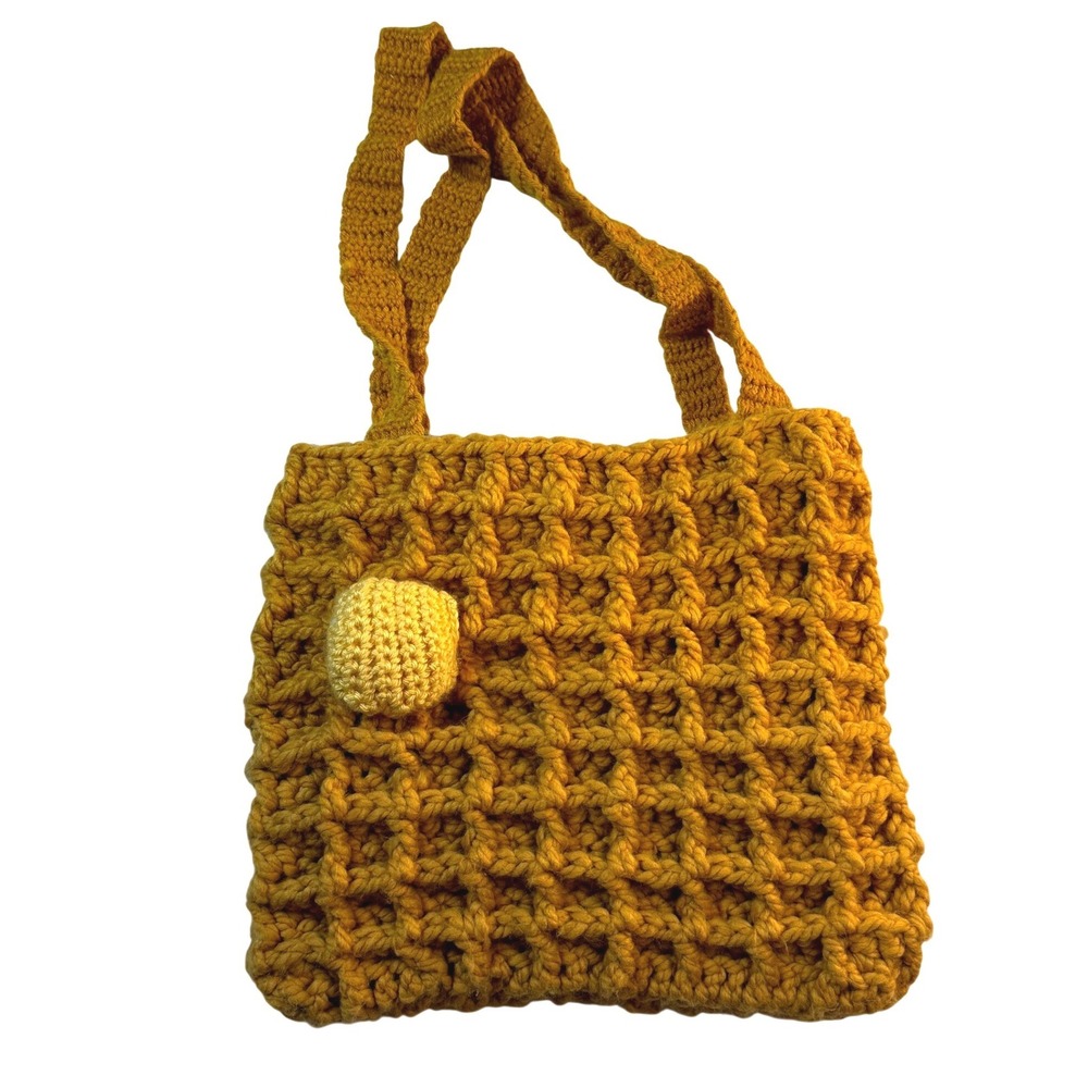 Handmade Crochet Waffle Stitch Tote Bag Mustard Floral Lined Cottagecore Vintage